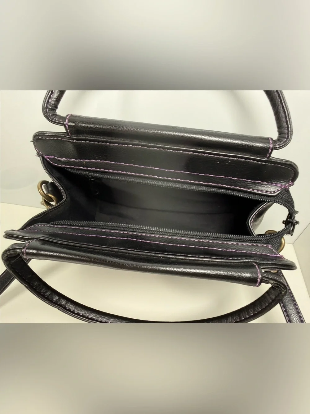 Vintage Esprit Black Top Handle Crossbody Purse with Purple Contrast Stitching